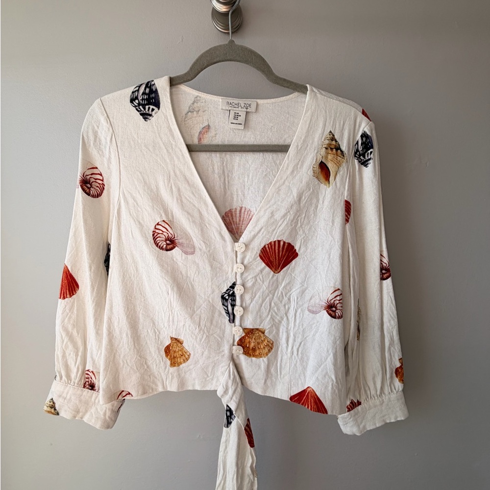 Rachel Zoe Cream Linen-Blend Shell Print Tie Front Top